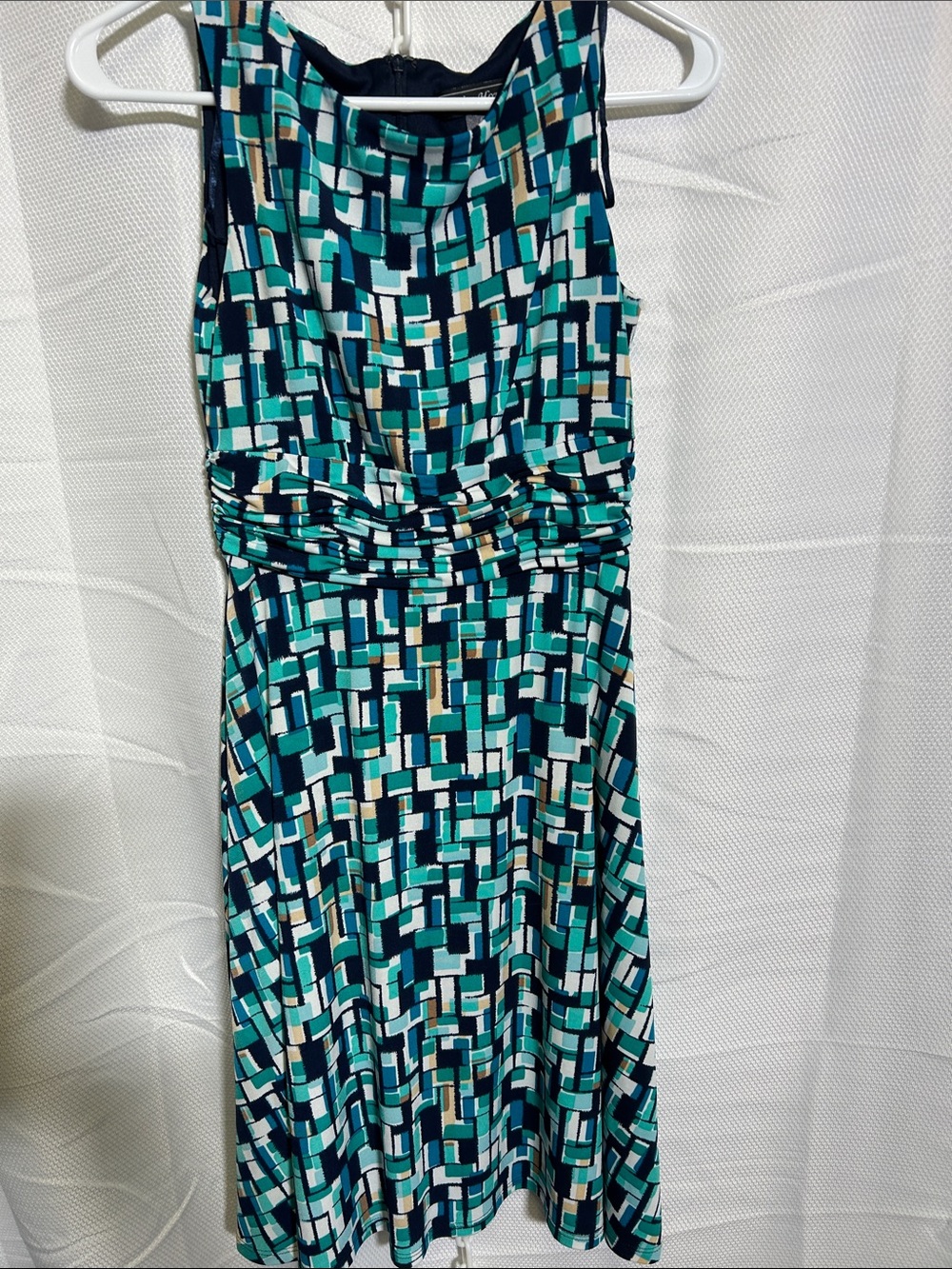 Sleeveless Teal Geometric Fit-and-Flare Dress